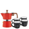 Grosche Milano Red Stovetop 3 Cup Moka Pot  & Porto Crema Ceramic 4 Pack Espresso Cups